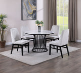5pc Dining Set Contemporary Modern Style White Faux Marble Round Table Cage Like Base White Fabric Upholstery Dining Wooden Furniture Black Finish