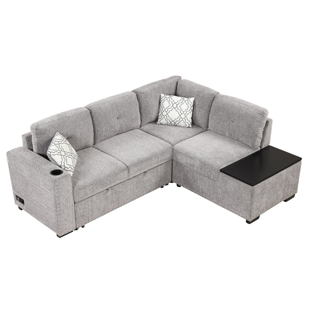 83.8" Reversible Sectional Pull - Out Sofa Bed L - Shaped Corner Sofa Couch with Storage Chaise, USB Ports, Power Sockets, Cup Holder for Living Room, Bedroom, Study,Light Gray | Home Elegance USA