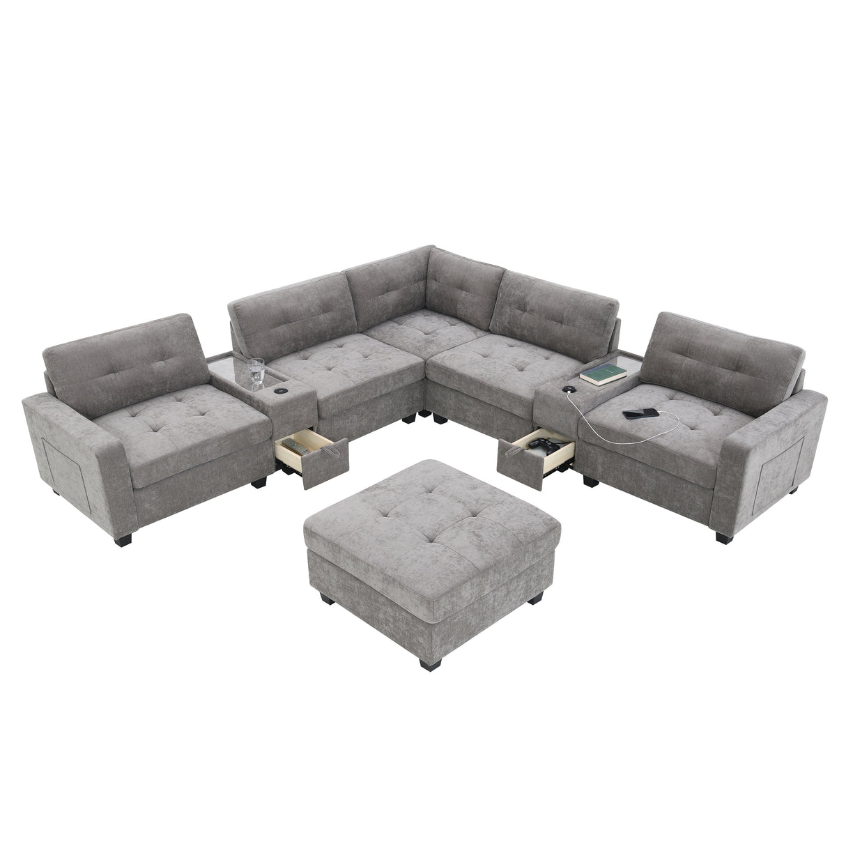 Modern Chenille U-Shaped Sectional Sofa with Acrylic Table Top, USB Charger, Storage Drawers, and Movable Ottoman in Gray