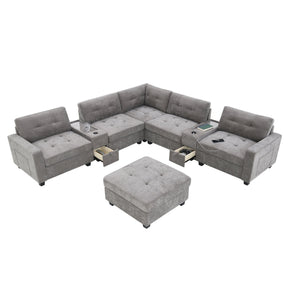 Modern Chenille U-Shaped Sectional Sofa with Acrylic Table Top, USB Charger, Storage Drawers, and Movable Ottoman in Gray - sold by Home Elegance USA