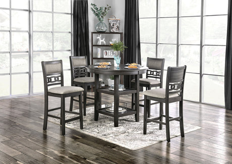 Transitional Style Gray Finish 5pc Counter Height Dining Table Set 1x Table 4x Chairs Round Table Open Shelves Padded Seat And Back - sold by Home Elegance USA