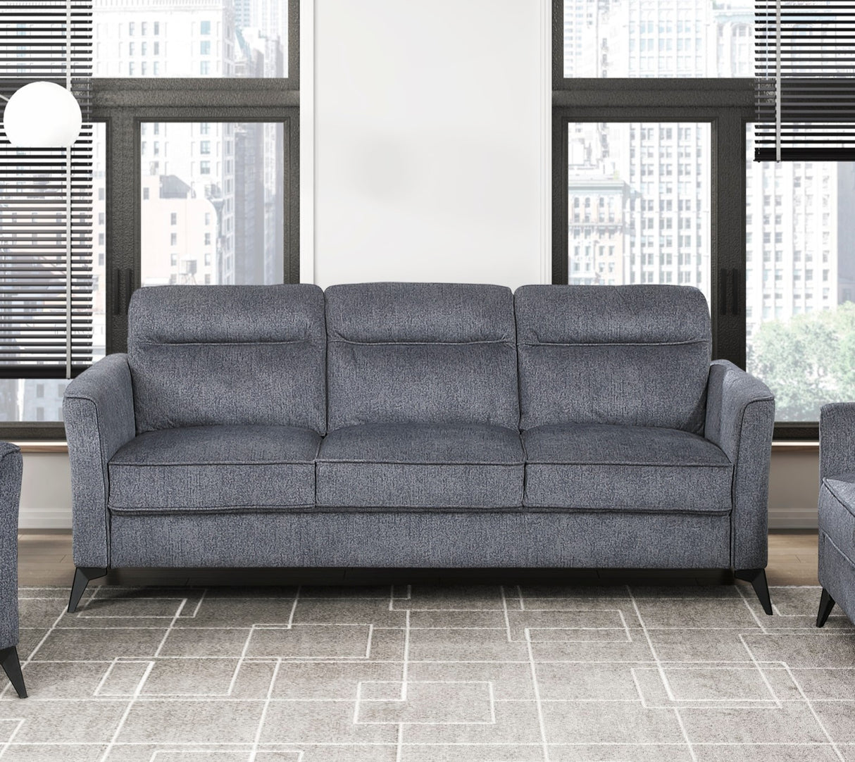 Modern Living Room Sofa Dark Gray Microfiber Upholstery Comfortable Cushion Seat Couch Black Metal Legs Contemporary Furniture 1pc
