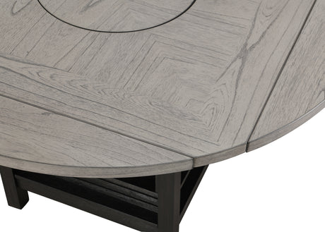 5pc Farmhouse Contemporary Counter Height Dining Set Storage Table Single Pedestal Round Black Gray Natural Grain Integrated Turntable Drop Leaves Built-in Shelving Fabric Upholstery Chairs - sold by Home Elegance USA
