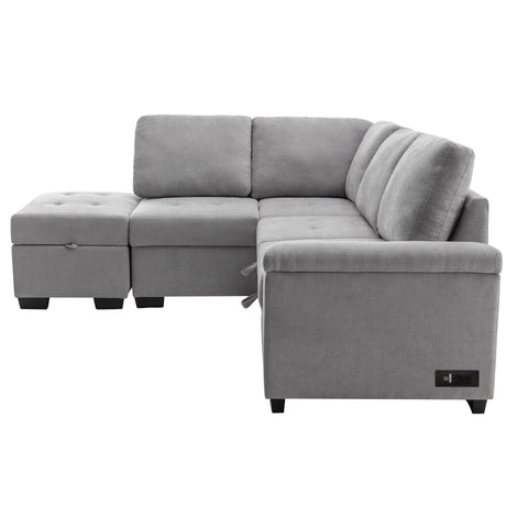 Sleeper Sectional Sofa, L-Shape Corner Couch Sofa-Bed with Storage Ottoman & Hidden Arm Storage & USB Charge  for Living Room Apartment, Gray - sold by Home Elegance USA