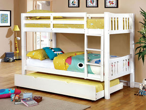 Transitional Style Wooden Bunk Bed Twin Over Twin Attached Footboard Ladder Rails And Lock Joint White  Trundle-Included