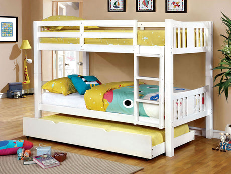 Transitional Style Wooden Bunk Bed Twin Over Twin Attached Footboard Ladder Rails And Lock Joint White  Trundle-Included