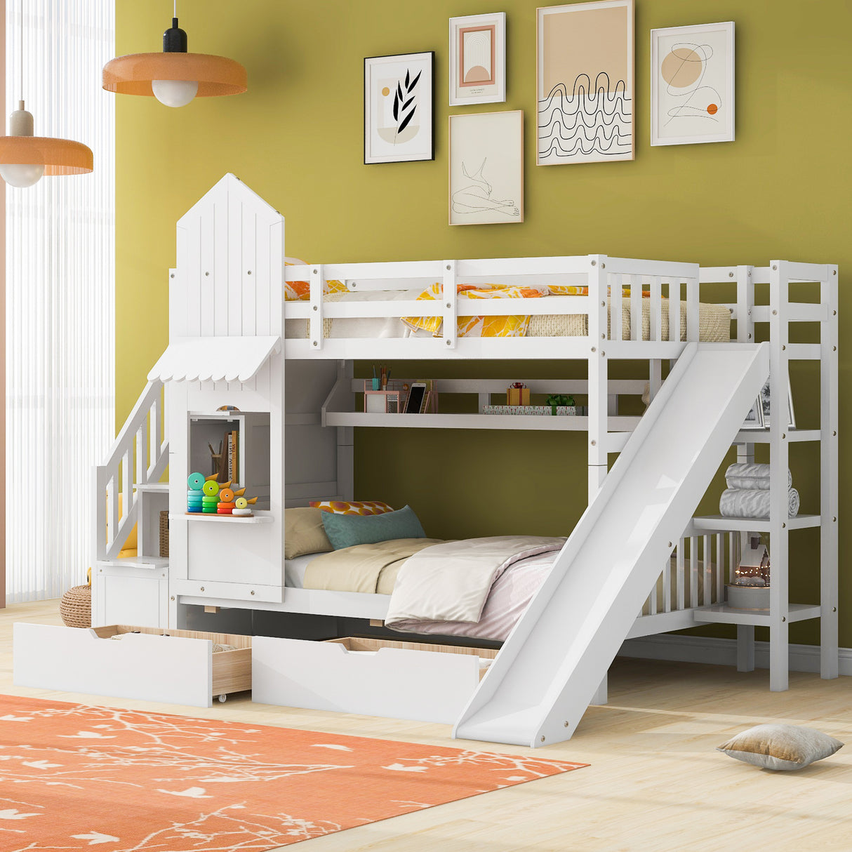 Twin-Over-Twin Castle Style Bunk Bed with 2 Drawers 3 Shelves and Slide - White(OLD SKU:LT000559AAK-1)