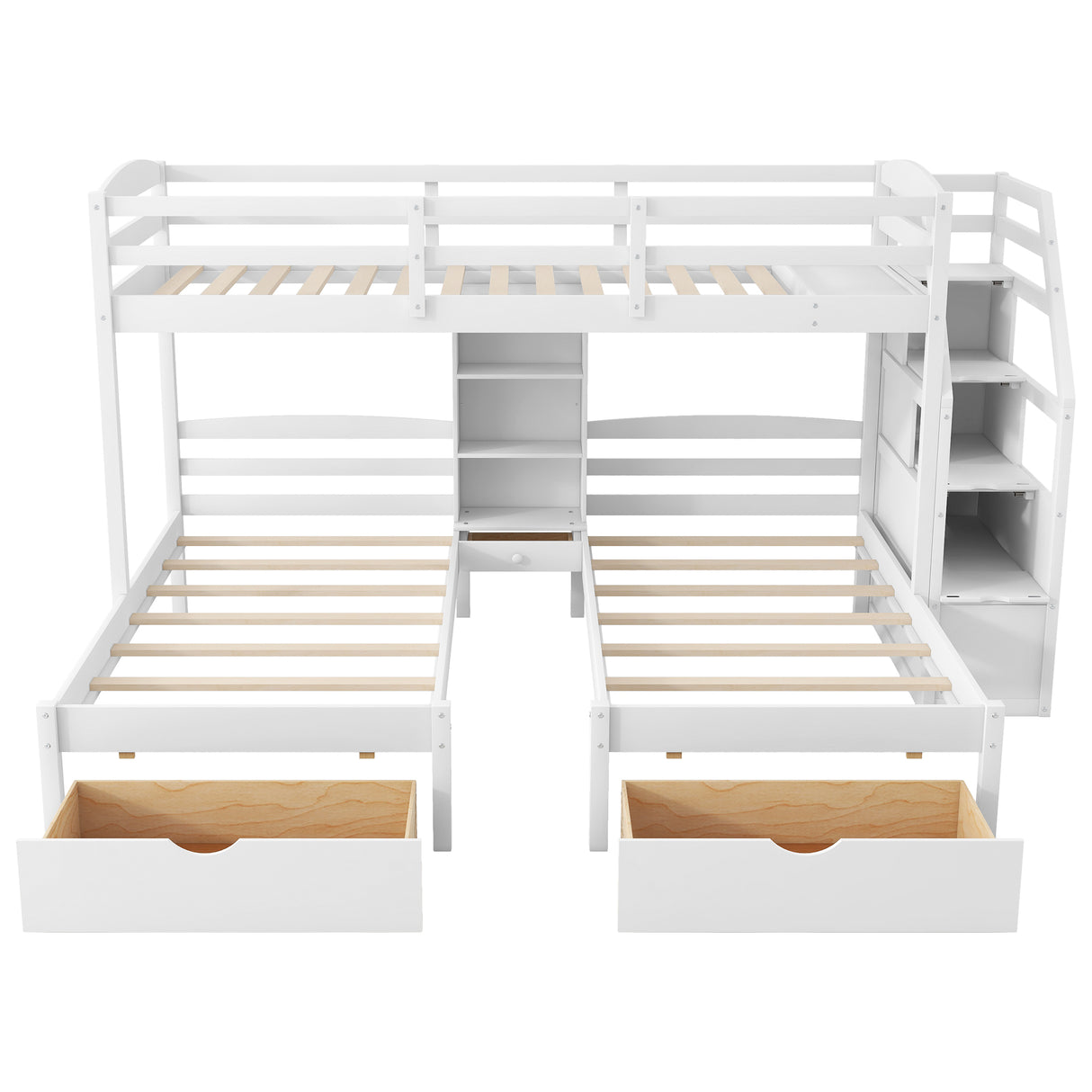 Twin over Twin&Twin Bunk Bed, Triple Bunk Bed with Drawers, Staircase with Storage, Built-in Shelves, White - sold by Home Elegance USA