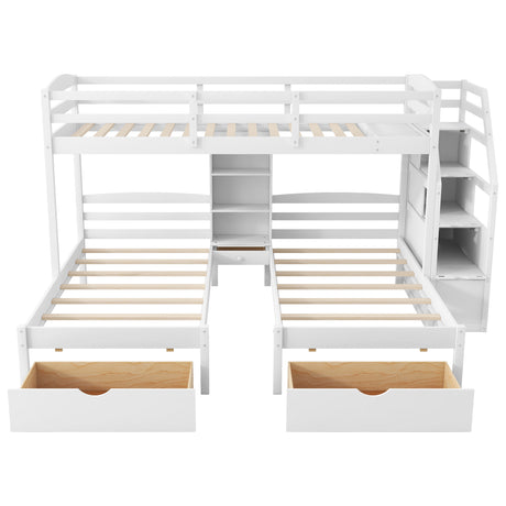 Twin over Twin&Twin Bunk Bed, Triple Bunk Bed with Drawers, Staircase with Storage, Built-in Shelves, White - sold by Home Elegance USA