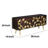 56 Inch Wooden TV Console with Geometric Front 3 Door Cabinets, Dark Brown, Gold Home Elegance USA