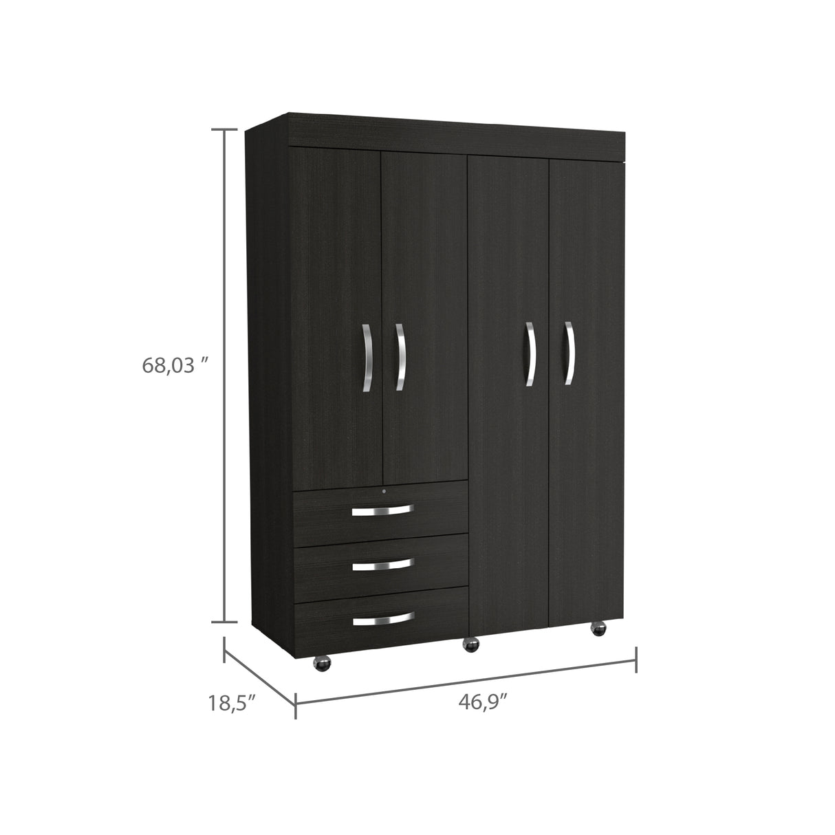 Hamilton Mobile Armoire, 4-Doors Cabinet, Three Drawers, Rods, Four Shelves, Black Wengue - Bedroom - sold by Home Elegance USA