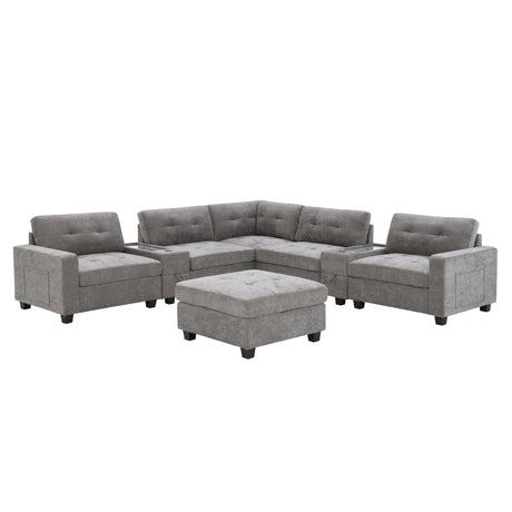 Modern Chenille U-Shaped Sectional Sofa with Acrylic Table Top, USB Charger, Storage Drawers, and Movable Ottoman in Gray - sold by Home Elegance USA
