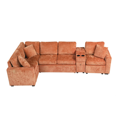 120.5' L-shaped Convertible Sofa Bed Modular Sectional Sofa Reversible Sleeper with Pull-Out Bed, Cup Holders, and Ample Storage Space for Living Room(Old SKU:N719S001940G), Orange - sold by Home Elegance USA