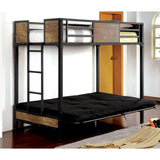 Industrial Style Unique Bunk Bed Twin Over Futon Metal Structure Attached Ladder With Wood Panels Nailhead Trim Black Finish Mattress-Not Included - sold by Home Elegance USA
