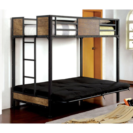 Industrial Style Unique Bunk Bed Twin Over Futon Metal Structure Attached Ladder With Wood Panels Nailhead Trim Black Finish Mattress-Not Included - sold by Home Elegance USA