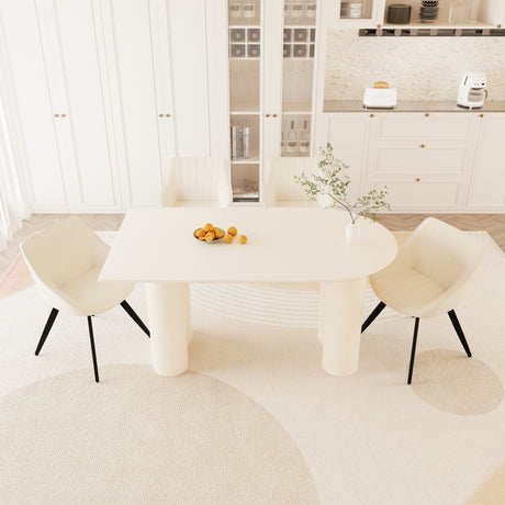 63' medieval modern cream style MDF dining table and beige PU dining chair set, 4 sets of black metal leg dining chairs, suitable for kitchen&home - sold by Home Elegance USA