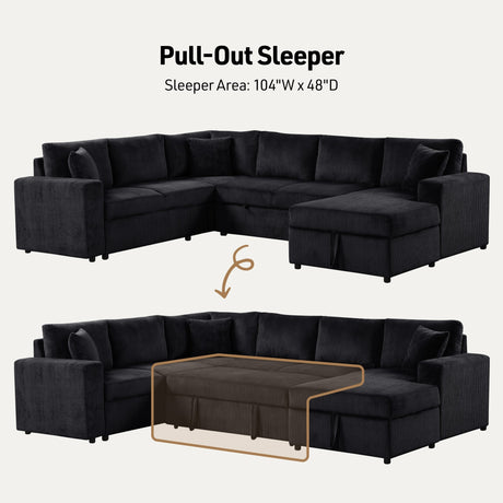 Ruxley 123'W Black Corduroy Sleeper Sectional Sofa with Right-Facing Storage Chaise and Throw Pillows - sold by Home Elegance USA