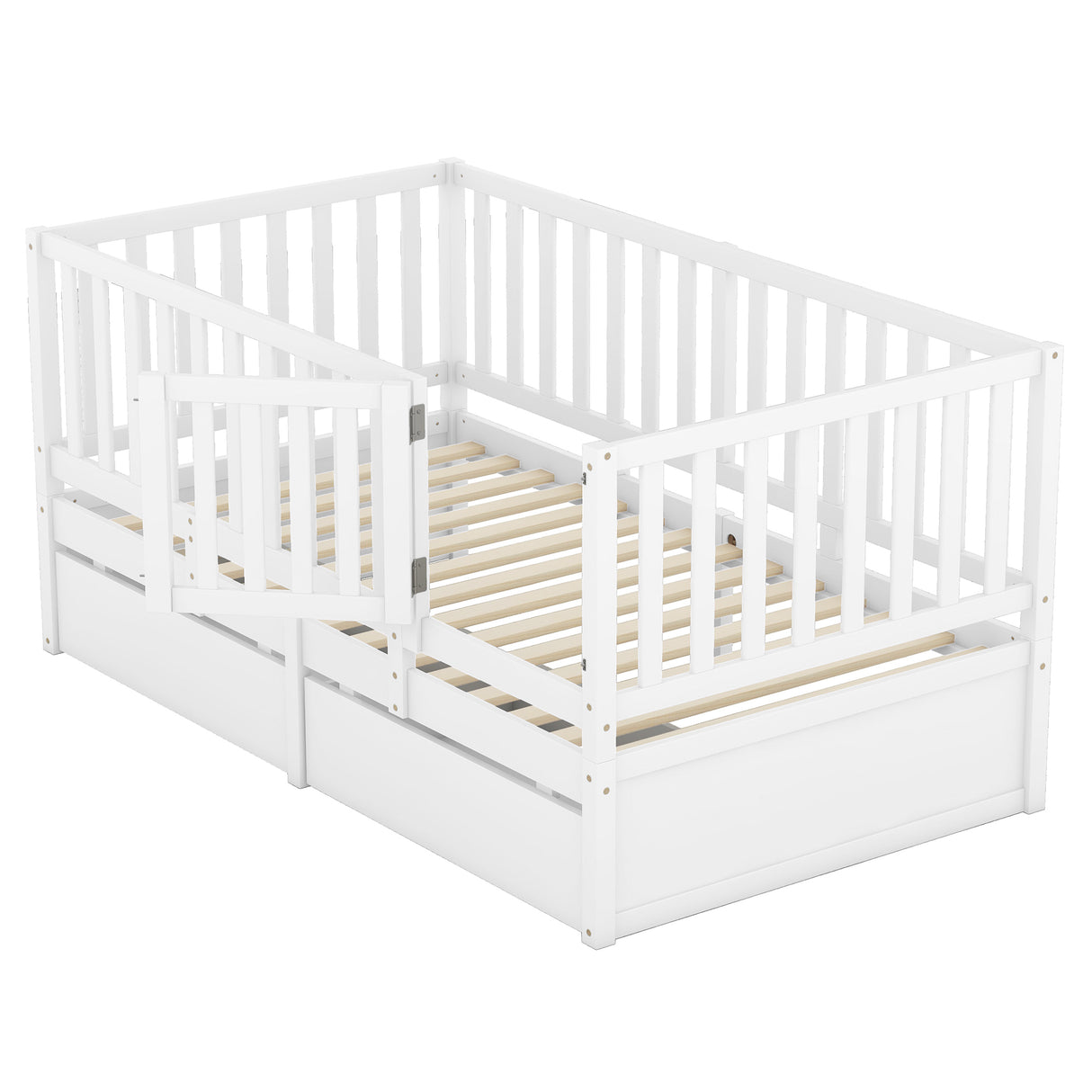 Twin Size Wood Daybed with Fence Guardrails and 2 Drawers, Split into Independent Floor Bed & Daybed, White - Home Elegance USA