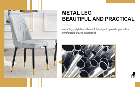 Table and chair set.The table has a glass top with imitation marble pattern stickers and stainless steel golden legs.Paried with 8 Light Gray chairs with PU cushions and black legs.W1151S01546 - sold by Home Elegance USA