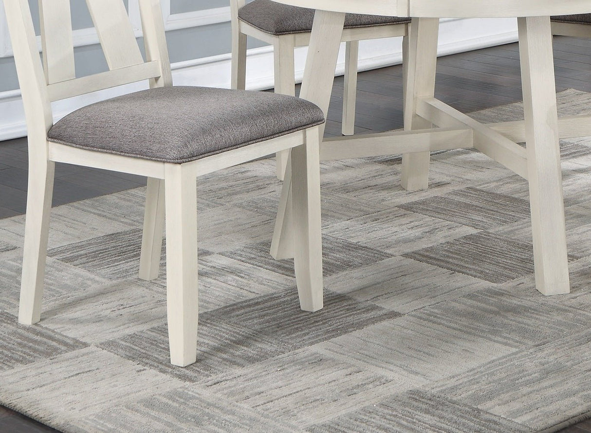 Dining Room Furniture 5pc Dining Set Round Table And 4x Side Chairs Gray Fabric Cushion Seat White Clean Lines Wooden Table Top | Home Elegance USA