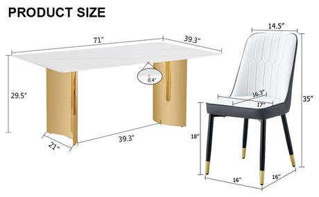 Table and chair set.The table has a glass top with imitation marble pattern stickers and stainless steel golden legs. Paried with 8 White and Dark Gray Spliced Color PU Dining Chairs.W1151S01559 - sold by Home Elegance USA