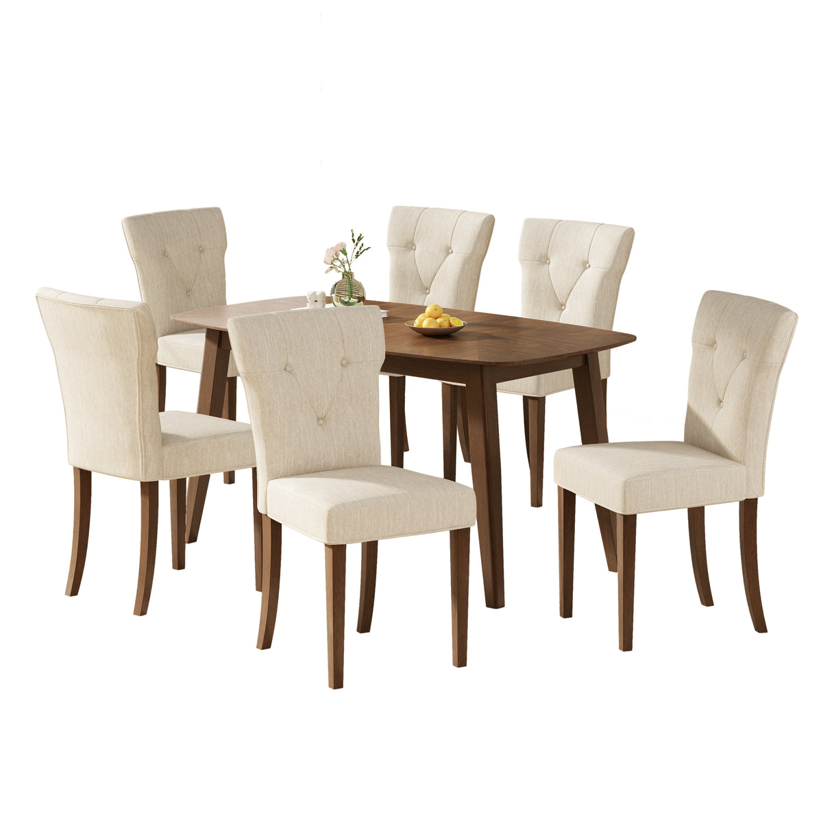 Modern Indoor Wood Dining Set with Cream Chairs and Walnut Table, Rubber Wood, 6-Piece