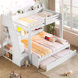 Twin over Full Bunk Bed with Storage Staircase,  Trundle, Storage Shelves, LED and USB, White