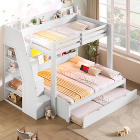 Twin over Full Bunk Bed with Storage Staircase,  Trundle, Storage Shelves, LED and USB, White