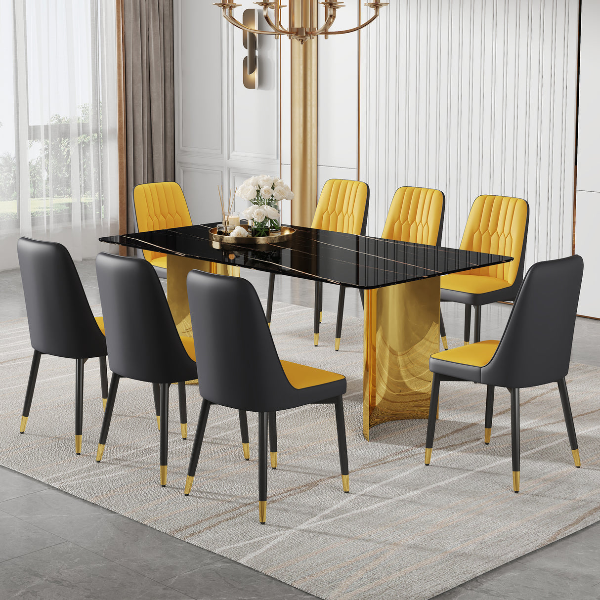 Table and chair set.The table has a glass top with imitation marble pattern stickers and stainless steel golden legs. Paried with 8 Orange and Dark Gray Spliced Color PU Dining Chairs.