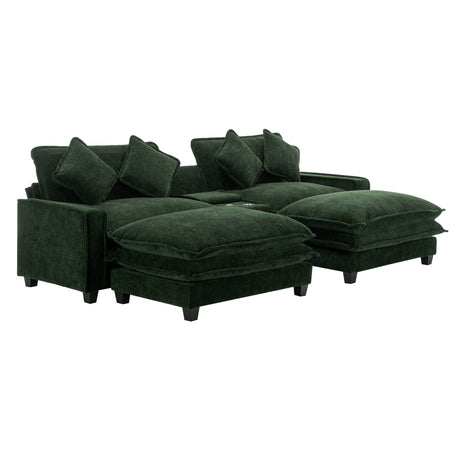 Chenille Upholstered 111' Sectional Sofa with Two Removable Ottomans, USB Ports, Cup Holders, and Storage, Green - sold by Home Elegance USA