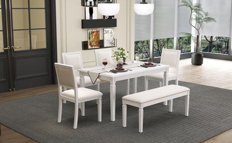 TREXM Vintage Extendable Dining Table Set for 6 with 4 Chairs & Bench, 59 to 72-Inch Rustic Farmhouse Kitchen Table Set with Distressed Finish and Retro Carved Legs (Washed White) - sold by Home Elegance USA