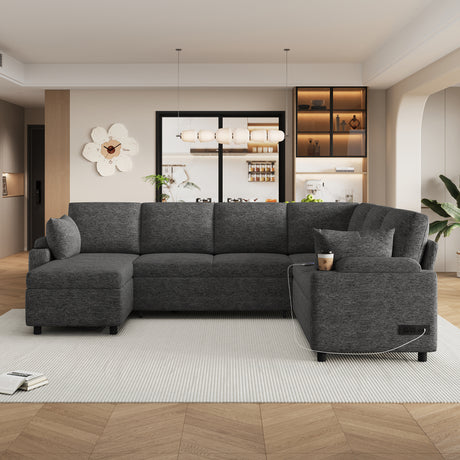 Versatile U-Shaped Sectional Sofa Bed with Storage, Cup Holders, Charging Ports in Grey Chenille - sold by Home Elegance USA