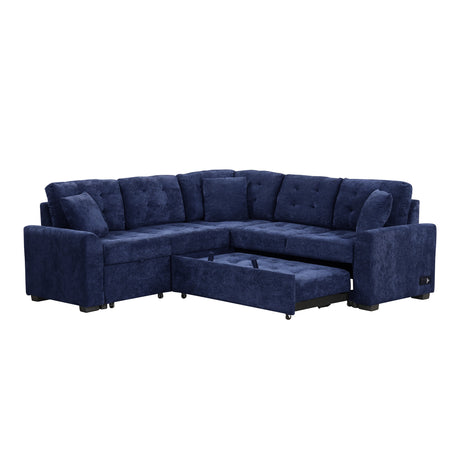 Navy Blue L-shape Sofa Bed with Pull-out Sleeper, USB Ports, Power Sockets, Corded Velveteen, 82.6' - sold by Home Elegance USA