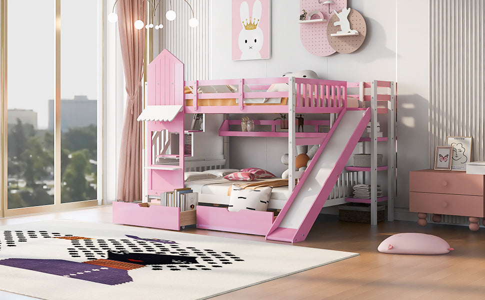 Full-Over-Full Castle Style Bunk Bed with 2 Drawers 3 Shelves and Slide - Pink - Home Elegance USA