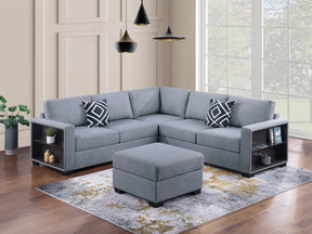 Contemporary Functional Sectional Sofa 4pc Set Gray Boucle Couch Loveseat w Built-in Shelfs Wedge, Ottoman Living Room Furniture L-Shaped Design Couch - sold by Home Elegance USA
