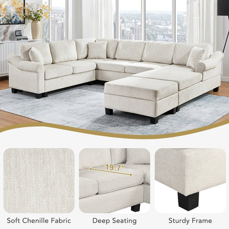 Contemporary U-shaped Sectional Sofa with Movable Storage Ottoman, White Chenille 111.8' - sold by Home Elegance USA
