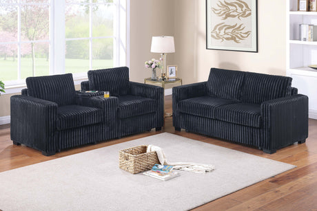 Modern Style 2pc Sofa Set 1x Sofa 1x Loveseat Back Cushion Plastic Legs Cup Holders Charging Port  Corduroy Upholstered Black Finish Primary Living Room