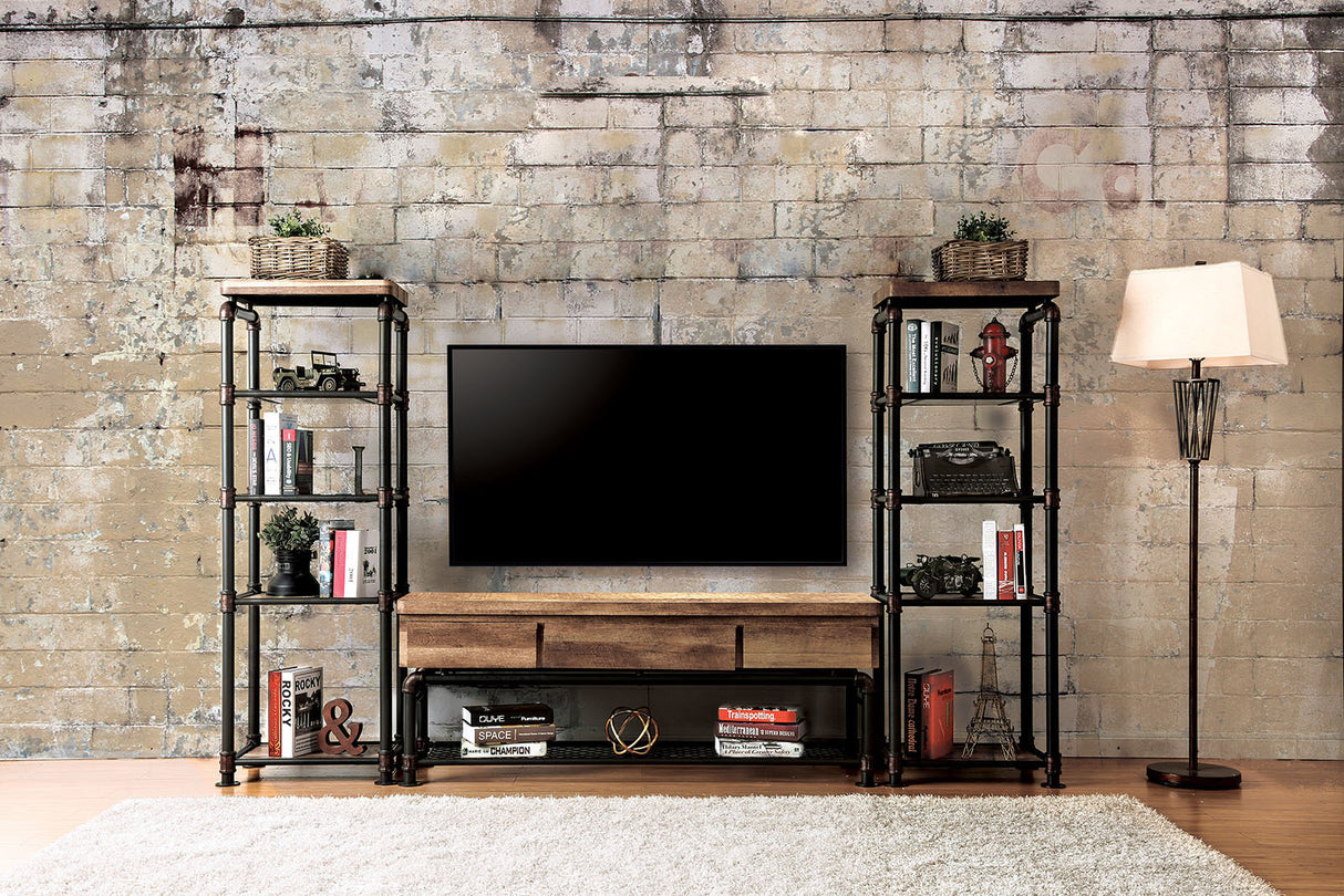 Industrial Style TV Console Pipe Inspired Frame Drawers And Open Storage Wire Mesh Shelves Metal And Wood Structure Antique Black And Natural Tone Finish