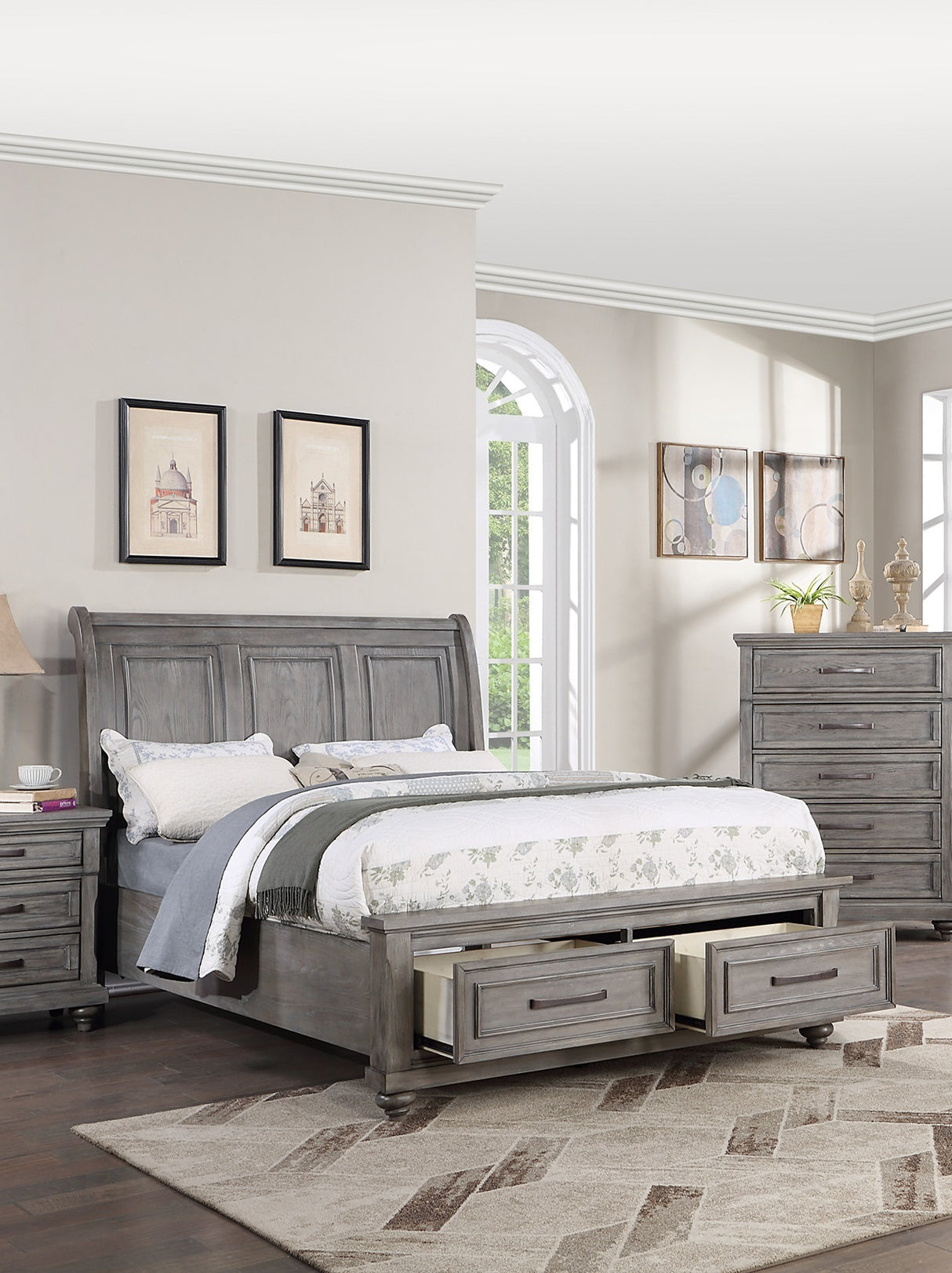 Eastern King Size Bed w Under bed Drawer Vintage Look Gray Color Beautiful Panel 1pc Bedframe Bedroom