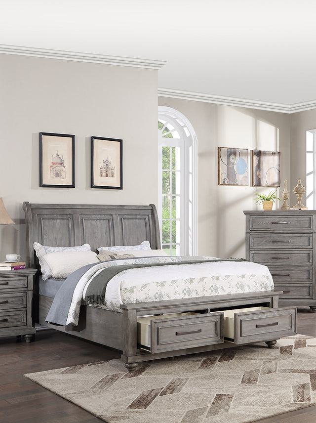 Eastern King Size Bed w Under bed Drawer Vintage Look Gray Color Beautiful Panel 1pc Bedframe Bedroom