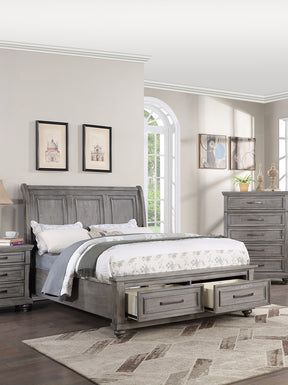 Queen Size Bed w Underbed Drawer Vintage Look Gray Color Beautiful Panel 1pc Bedframe Bedroom