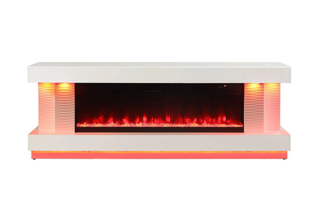 Contemporary Style TV Stand Electric Fire Place w/ Heater Included Fahrenheit & Celsius Display White Finish Primary Living Room - sold by Home Elegance USA