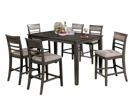 7pc Counter Height Dining Table Set 1x Table 6x Chairs Transitional Style Weathered Gray And Beige Finish Padded Cushion Slat Back Chairs - sold by Home Elegance USA