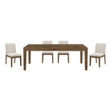 Brown Finish 5pc Dining Set Large Table and Upholstered Chairs Self-Storing Extension Leaf Sturdy Frame Wooden Furniture