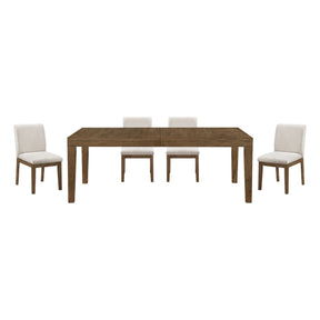 Brown Finish 5pc Dining Set Large Table and Upholstered Chairs Self-Storing Extension Leaf Sturdy Frame Wooden Furniture