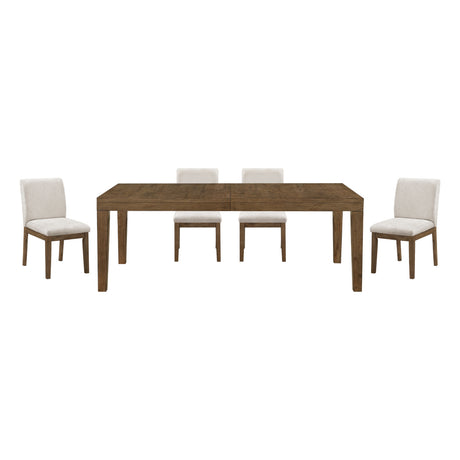 Brown Finish 5pc Dining Set Large Table and Upholstered Chairs Self-Storing Extension Leaf Sturdy Frame Wooden Furniture