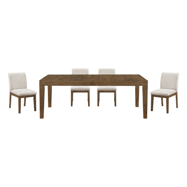 Brown Finish 5pc Dining Set Large Table and Upholstered Chairs Self-Storing Extension Leaf Sturdy Frame Wooden Furniture