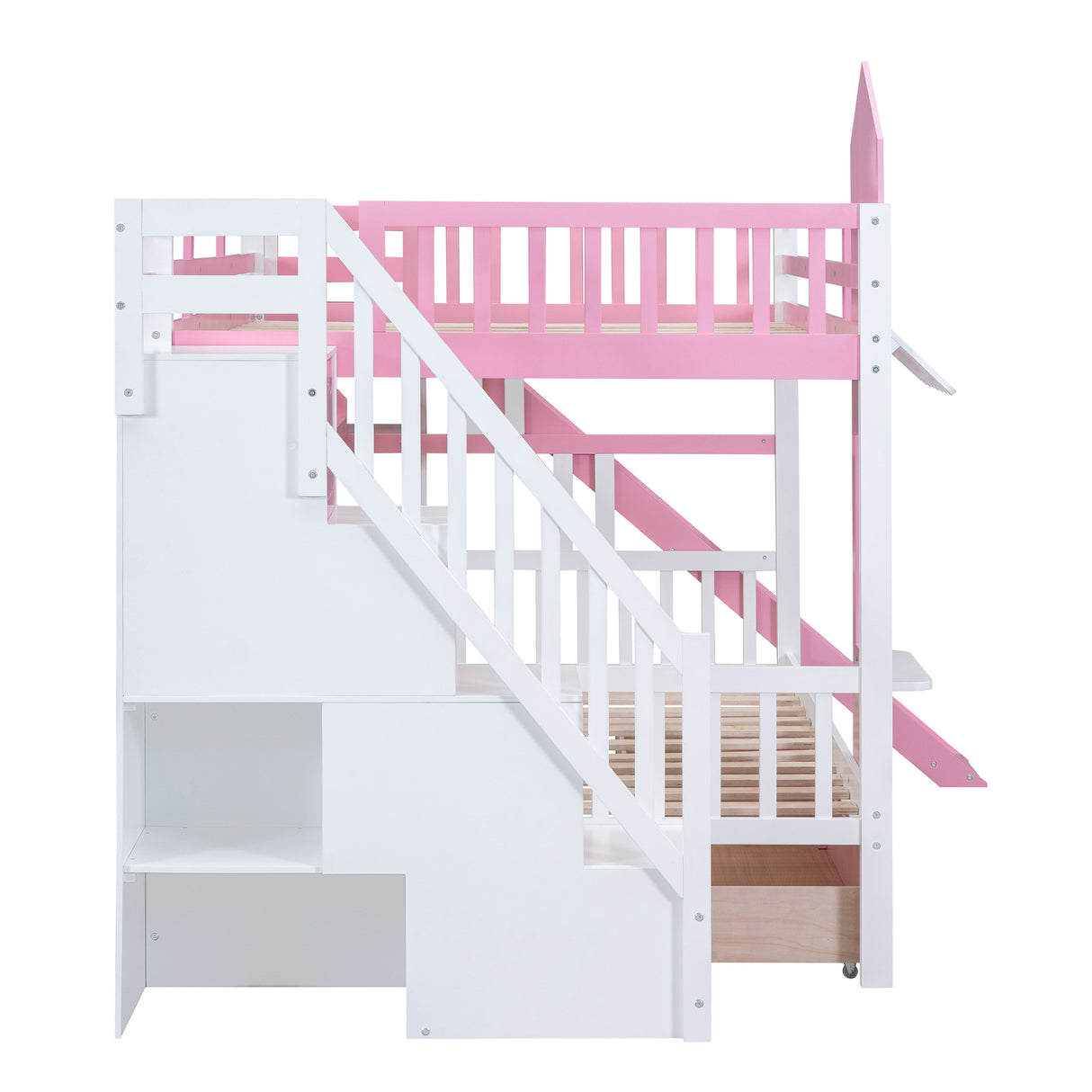 Full-Over-Full Castle Style Bunk Bed with 2 Drawers 3 Shelves and Slide - Pink - Home Elegance USA