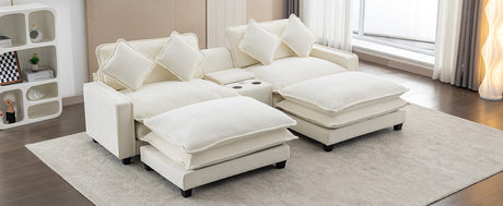 Chenille Upholstered Sectional Sofa with Removable Ottoman, USB Ports, Cup Holders, and Storage, Beige, 111' - sold by Home Elegance USA