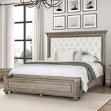 Traditional 1pc King Size Bed Aged Oak FB Bench w Storage Bedroom Furniture Beige Padded Fabric HB